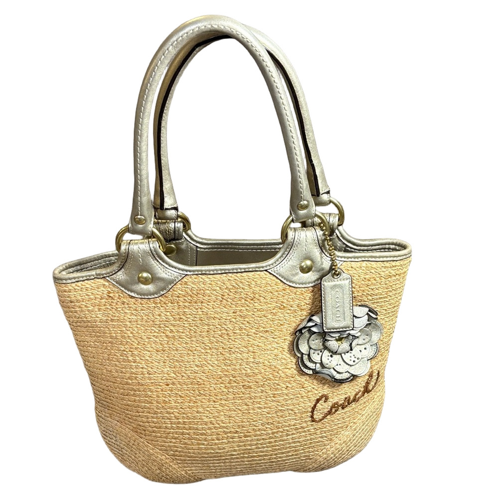 Coach Straw Tote w/ Floral Detail & Metallic Leather Trim - Natural & Gold